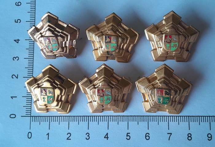 Set of 6 SADF Castle Rank Badges.  (Brass Type).