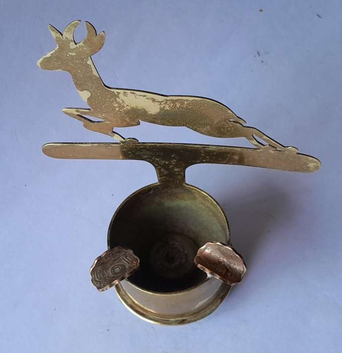 WW2 1941 SA Army North Africa "Springbok" Trench Art Ashtray.  Made With Shell And Egyptian Coins.