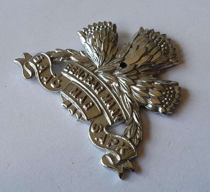 South African Armoured Corps Cap Badge.  No Lugs.