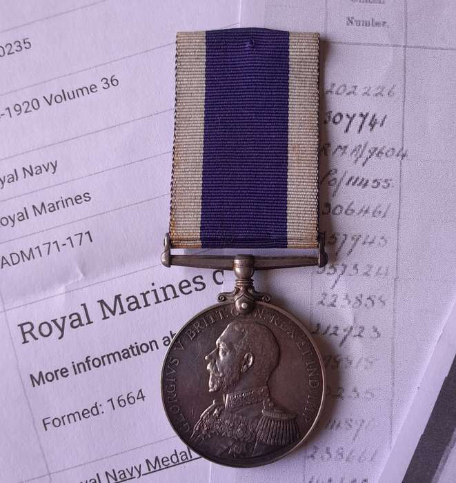 WW1 Royal Navy Long Service and Good Conduct Medal To "R.M.A. 10235 H.VASE. GNR. R.M.A." + Documents