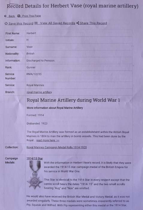 WW1 Royal Navy Long Service and Good Conduct Medal To "R.M.A. 10235 H.VASE. GNR. R.M.A." + Documents