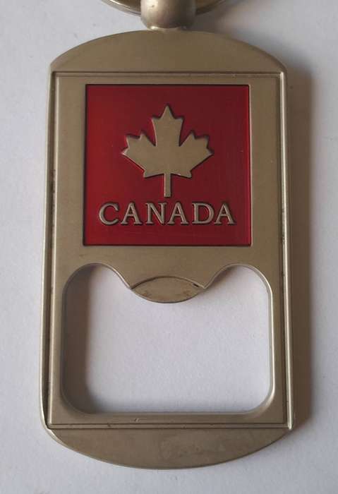 Brushed Steel & Enamel Canada Bottle Opener Key Ring.  Like New.