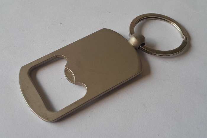 Brushed Steel & Enamel Canada Bottle Opener Key Ring.  Like New.