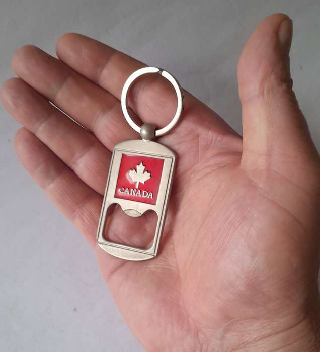 Brushed Steel & Enamel Canada Bottle Opener Key Ring.  Like New.