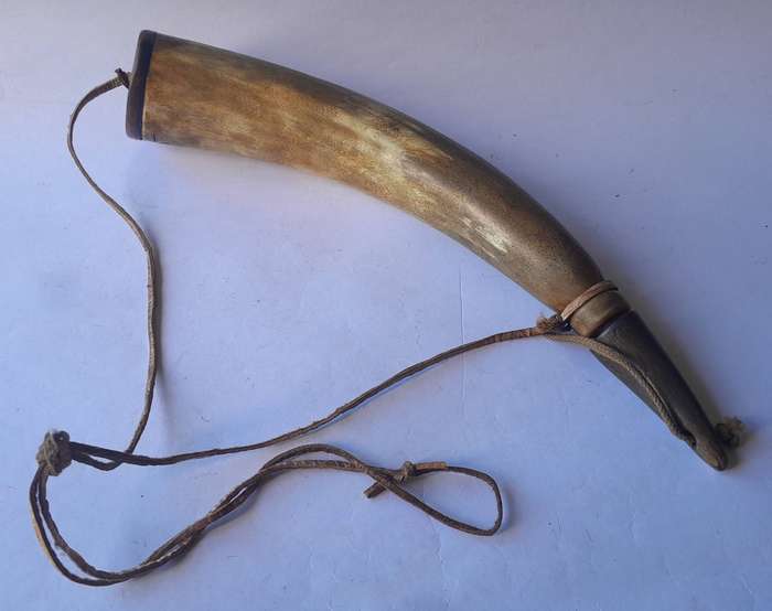 Antique Large Gun Powder Horn With Stopper And Shoulder Strap.  42cm.