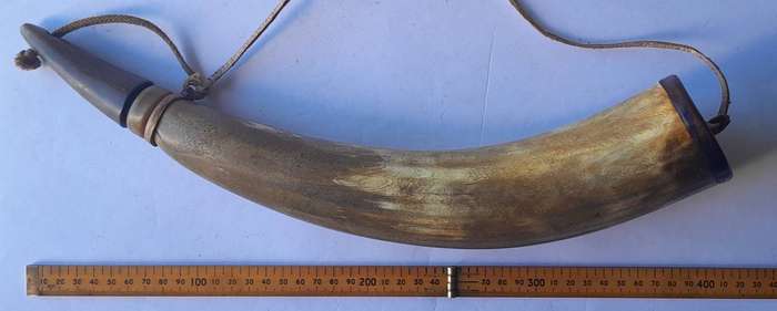 Antique Large Gun Powder Horn With Stopper And Shoulder Strap.  42cm.