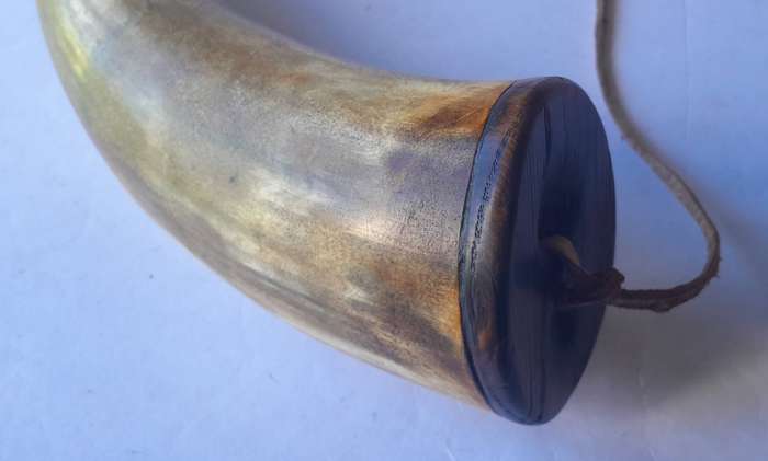 Antique Large Gun Powder Horn With Stopper And Shoulder Strap.  42cm.