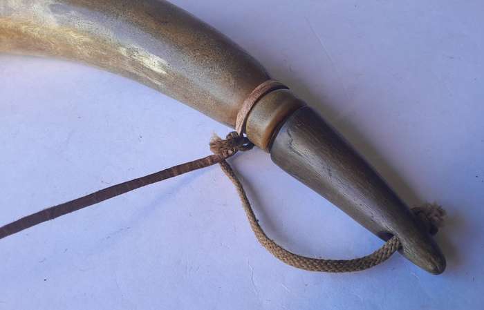 Antique Large Gun Powder Horn With Stopper And Shoulder Strap.  42cm.
