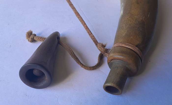 Antique Large Gun Powder Horn With Stopper And Shoulder Strap.  42cm.