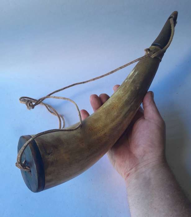 Antique Large Gun Powder Horn With Stopper And Shoulder Strap.  42cm.