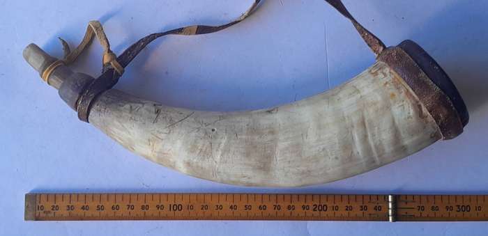 Antique Gun Powder Horn With Stopper And Shoulder Strap.  30cm.