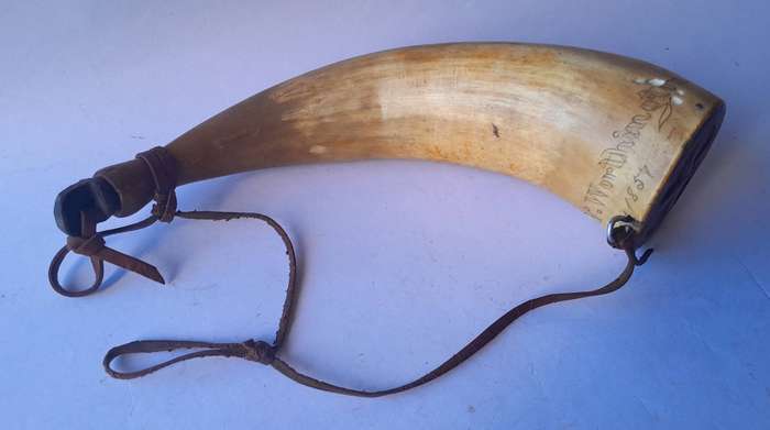 Antique 1857 Scrimshaw Gun Powder Horn.  Dated And Inscribed "N. Worthington".  24cm.