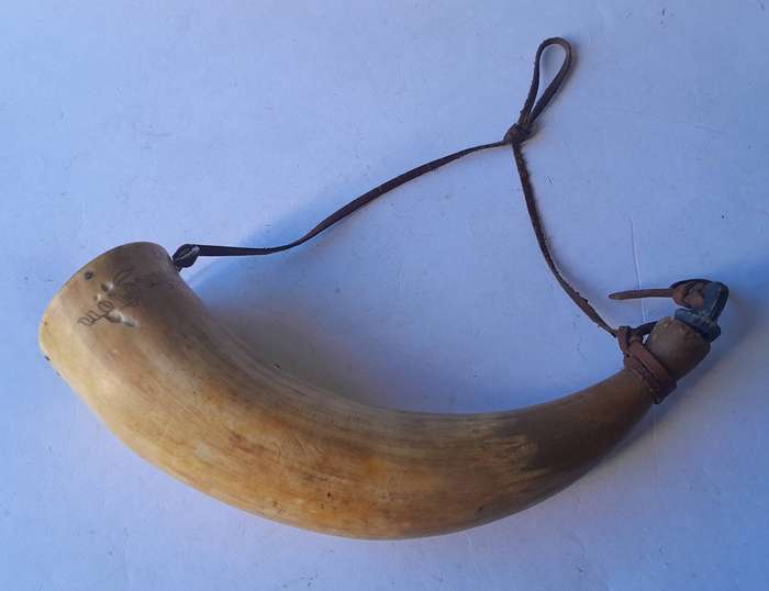 Antique 1857 Scrimshaw Gun Powder Horn.  Dated And Inscribed "N. Worthington".  24cm.