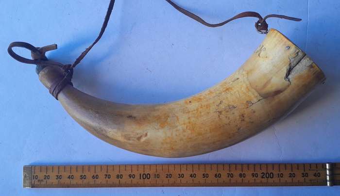 Antique 1857 Scrimshaw Gun Powder Horn.  Dated And Inscribed "N. Worthington".  24cm.