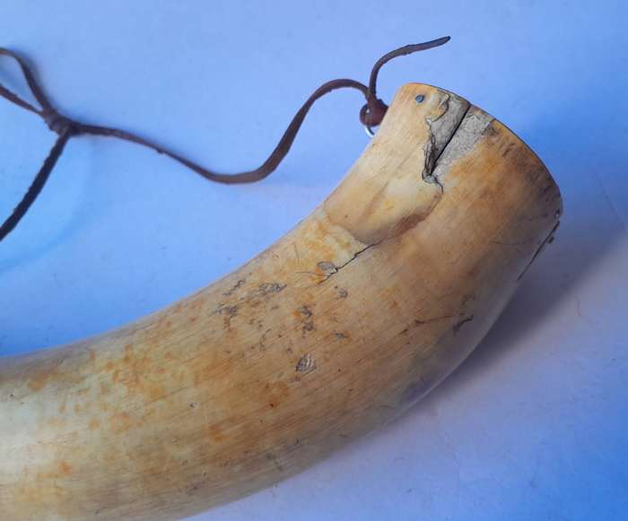 Antique 1857 Scrimshaw Gun Powder Horn.  Dated And Inscribed "N. Worthington".  24cm.