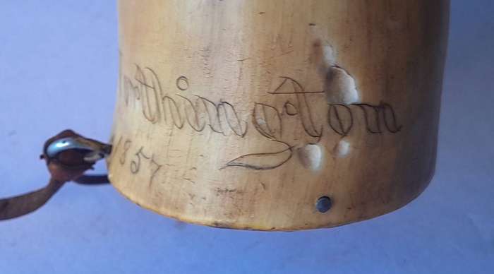 Antique 1857 Scrimshaw Gun Powder Horn.  Dated And Inscribed "N. Worthington".  24cm.