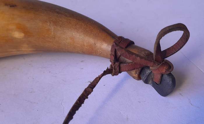 Antique 1857 Scrimshaw Gun Powder Horn.  Dated And Inscribed "N. Worthington".  24cm.
