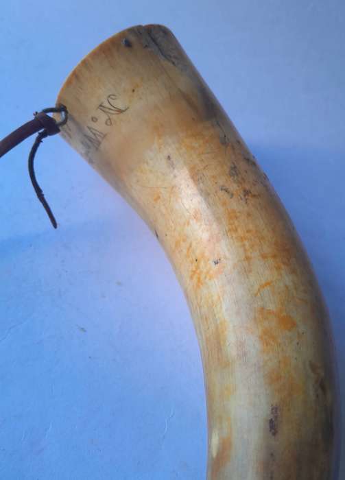 Antique 1857 Scrimshaw Gun Powder Horn.  Dated And Inscribed "N. Worthington".  24cm.
