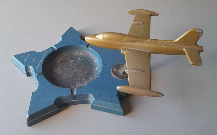 Rare Large 1970's SA Air Force Impala Metal Model Mounted On Cast Iron Ashtray. 38cm.