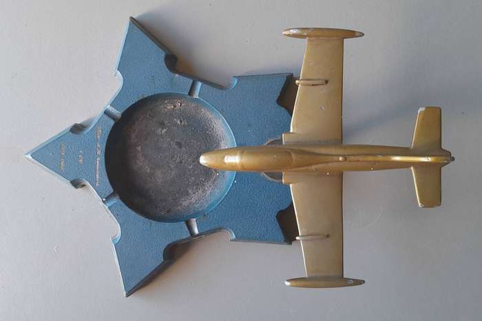 Rare Large 1970's SA Air Force Impala Metal Model Mounted On Cast Iron Ashtray. 38cm.