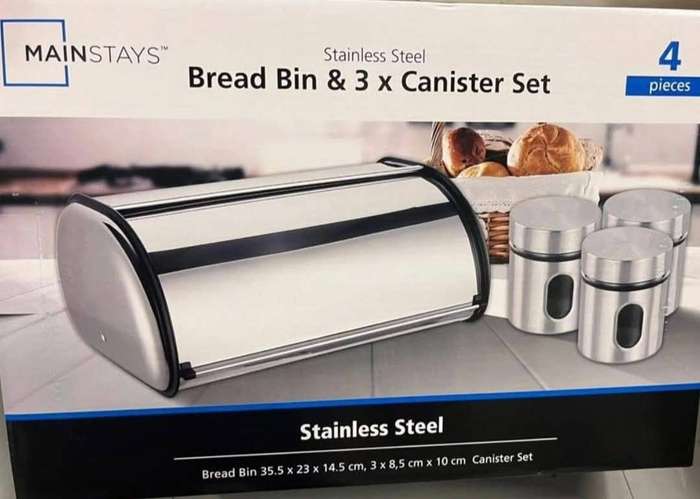 Mainstay Stainless Steel Bread Bin & Matching 3 Piece Canister Set