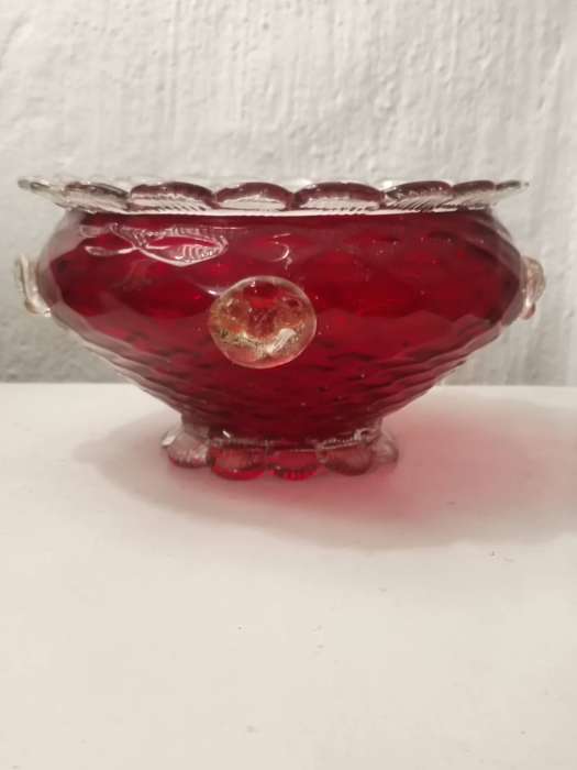 Vintage Hand Blown Murano Glass Ruby Red Bowl - Lace Work & Gold Flakes - 21cm width & 11cm height