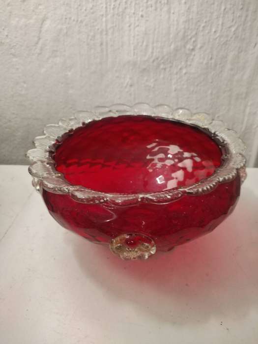 Vintage Hand Blown Murano Glass Ruby Red Bowl - Lace Work & Gold Flakes - 21cm width & 11cm height