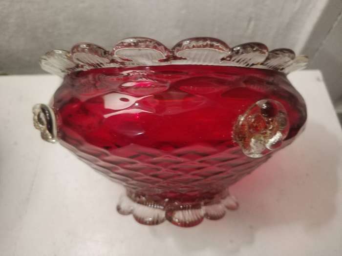 Vintage Hand Blown Murano Glass Ruby Red Bowl - Lace Work & Gold Flakes - 21cm width & 11cm height