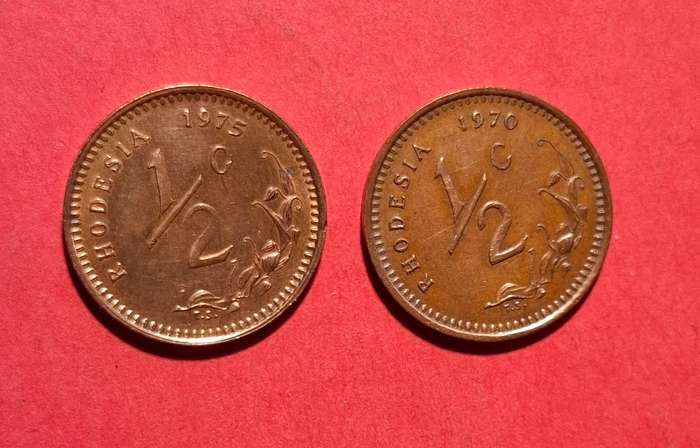 RHODESIA Two 1/2 Cent 1970 & 1975 - in excellent condition!!