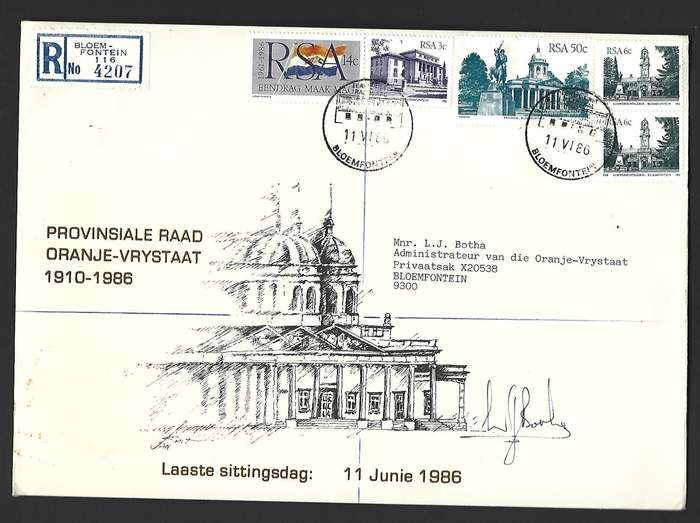 RSA FDC Provinsiale Raad van Vrystaat- Last meeting 1910-1986 - variety- signed by Administrator