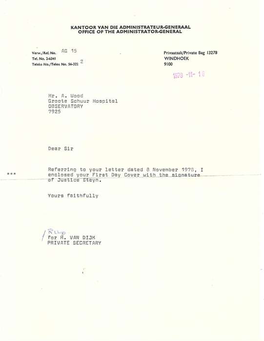 SWA FDC 25 - Variety by Administrator-General MT Steyn + Letter from his office- Extremely scarce