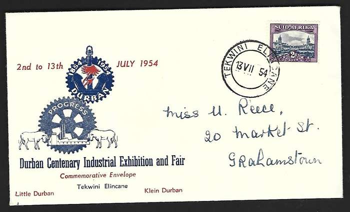 Union of SA - FDC - Durban Centenary Industrial Exhibition - Postmark Tekwini Elincane- Scarce!