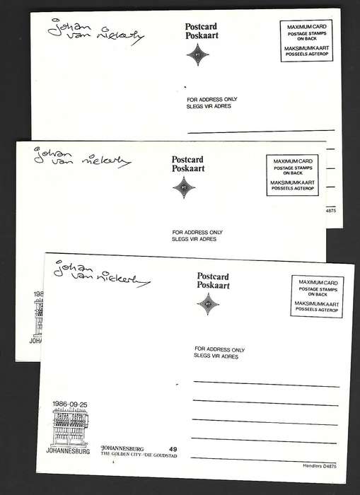 RSA Postcards - Johannesburg -Variety- Signed by stamp designer Johan Van Niekerk.