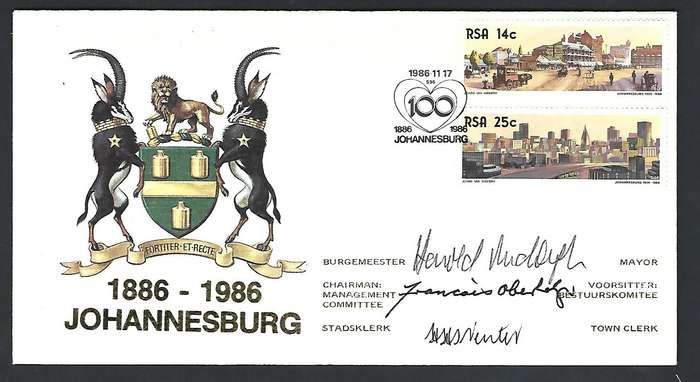 RSA - FDC - Johannesburg 100 years - Variety- Signed