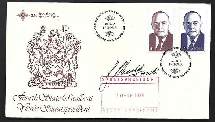RSA FDC 3.10 - Inauguration of President - Variety - Signed and named by President Vorster- Scarce!