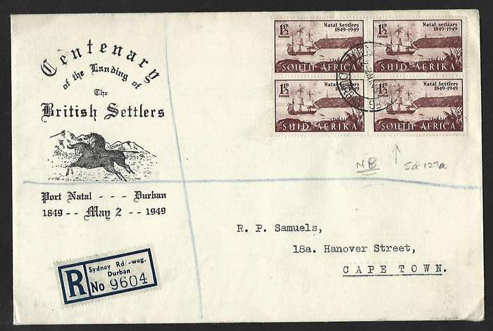 Union of SA - FDC - British Settlers- Variety - with streamer on mast - very scarce!