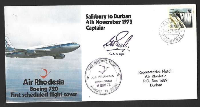 Rhodesia FDC - First scheduled flight cover - Salisbury to Durban -Variety- Signed .