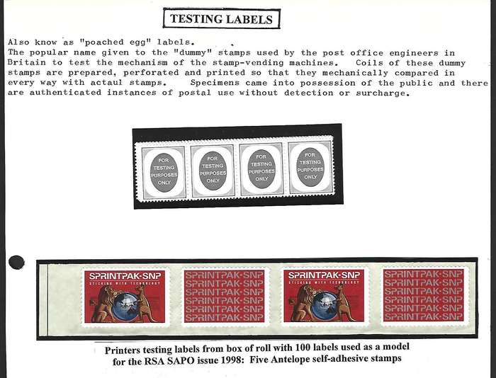 RSA - Testing labels the 1998 Antelope self adhesive stamps - Scarce Item