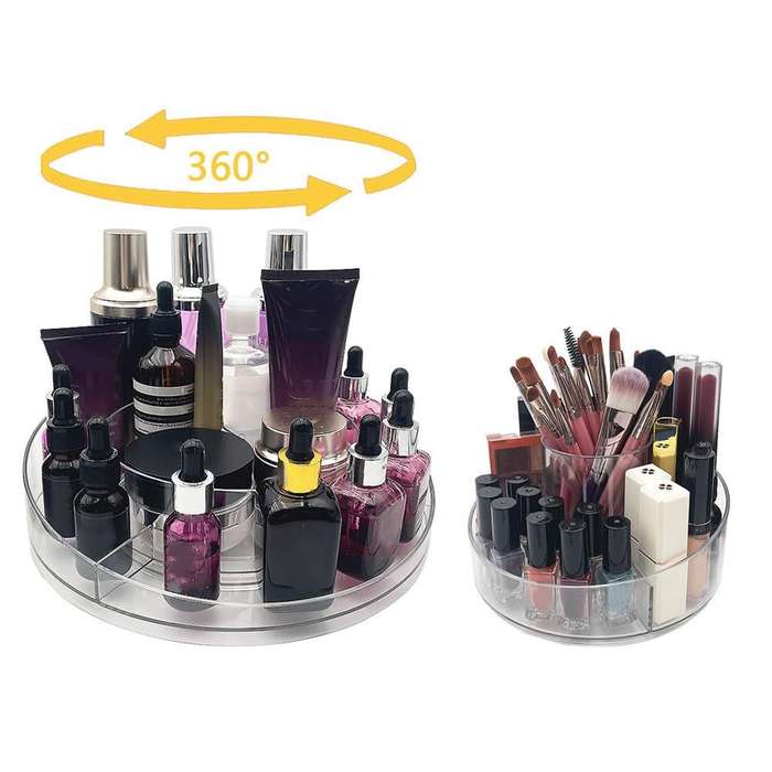 Clear Acrylic Makeup Organizer Tray 360 Rotating Cosmetics Display Case