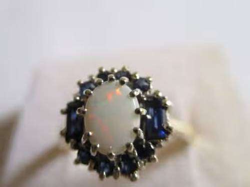 Genuine Blue Sapphires and Opal in 9ct Gold Ring