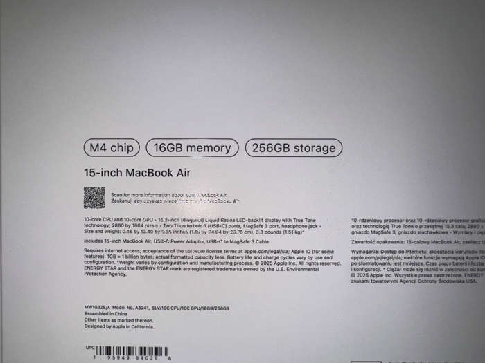 Macbook air 15" M4 256gb SSD brand new