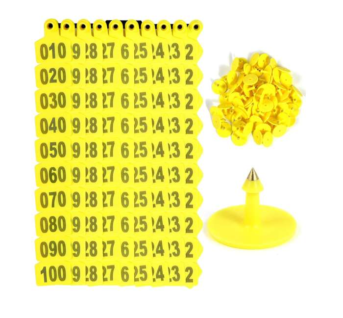 Yellow Cow Ear Tags Numbered 0 to 100-Pack of 100