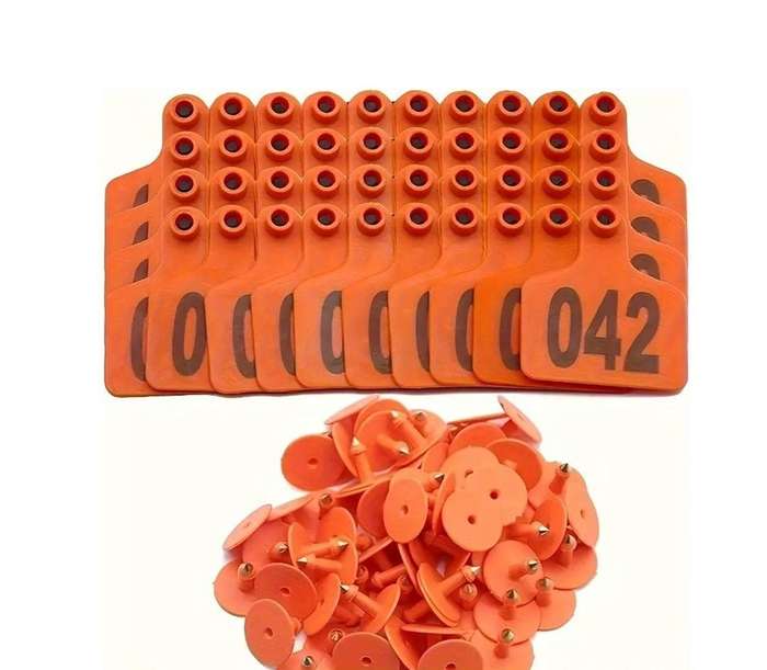 Orange Cow Ear Tags Numbered 0 to 100 -Pack of 100