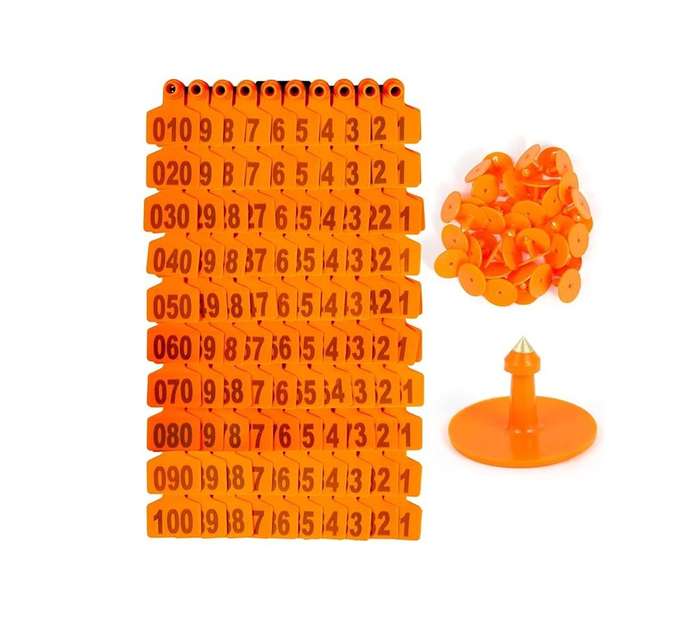 Orange Cow Ear Tags Numbered 0 to 100 -Pack of 100