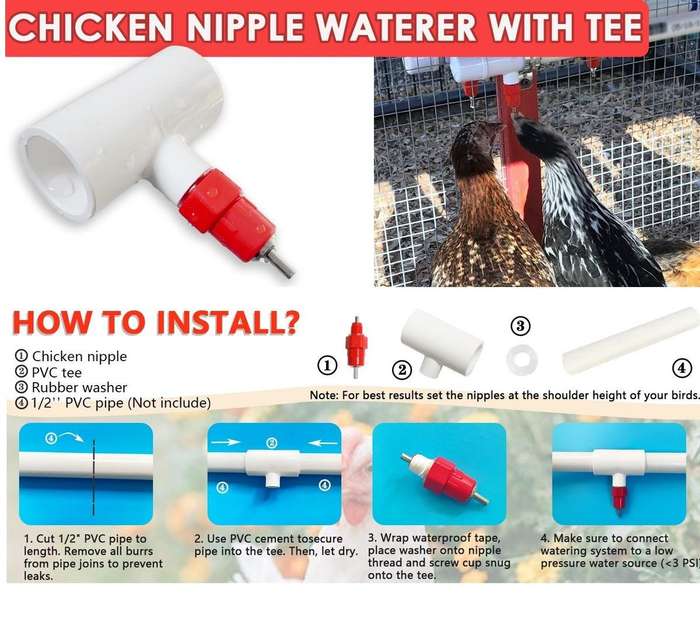 Chicken Waterer Nipples with PVC Tee Fittings-10 Pieces