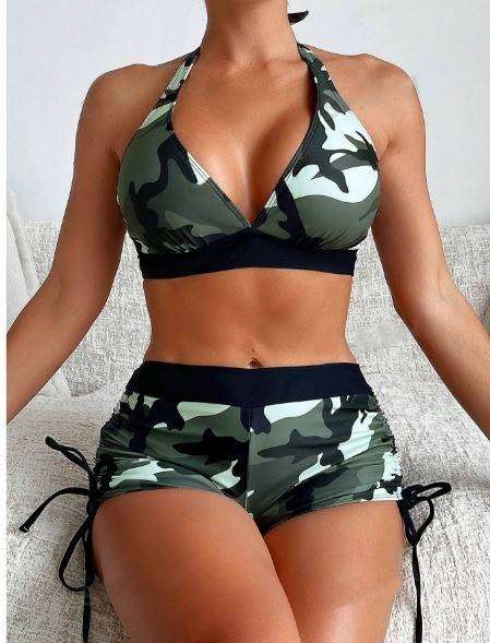 ladies 2 piece swimsuit camo design short and sports bra sizes large