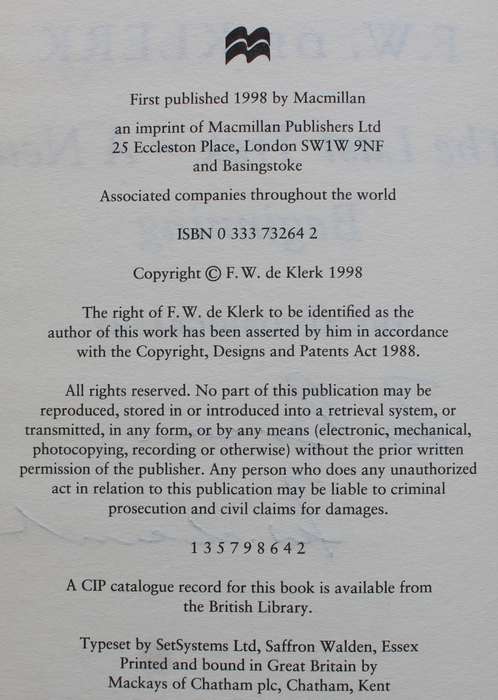 F W De Klerk SIGNED Africana The Last Trek Africana Autobiography
