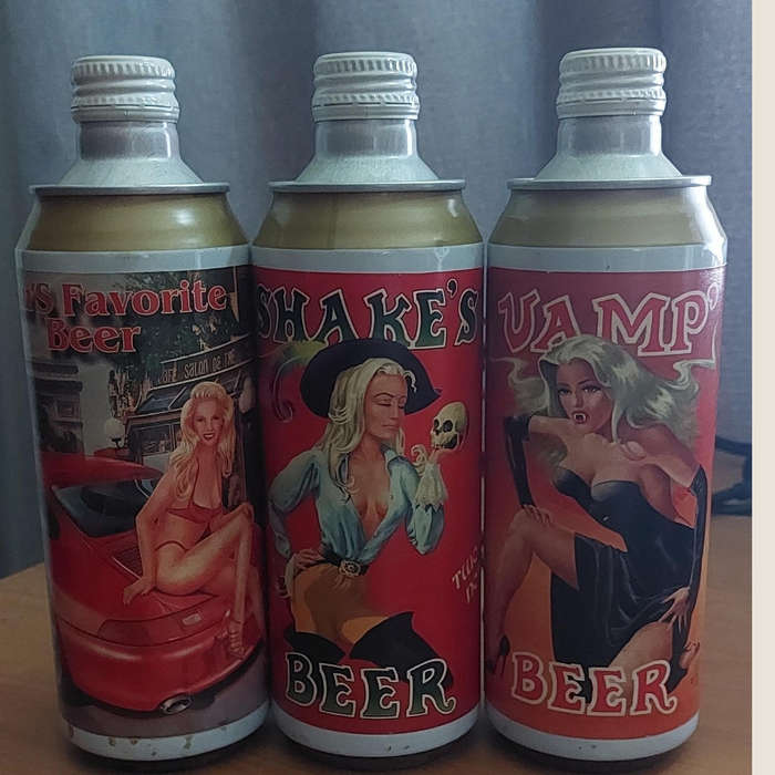 Three Vintage Vamp Shakers & Favourite Beer Bottels