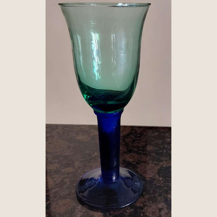 Twelve Green Vintage Handblown, Recycled  White Wine Glasses with Cobalt Blue Stem