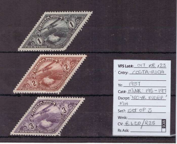 Costa Rica, 1937, '100 year Independence', MH, Set of 3, MiNR 195-197